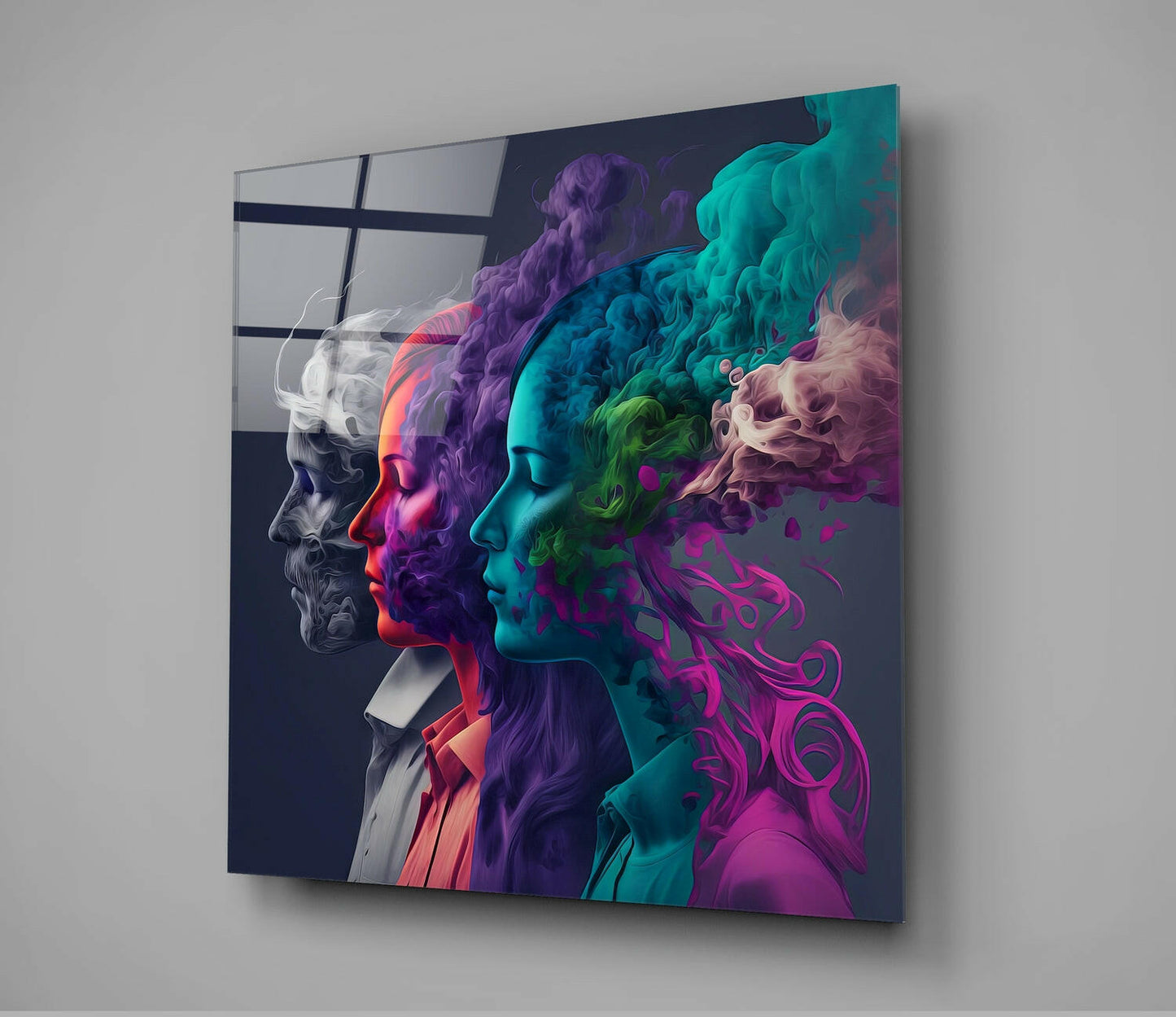 Four Profiles Purple Smoke Hair Glass Wall Art