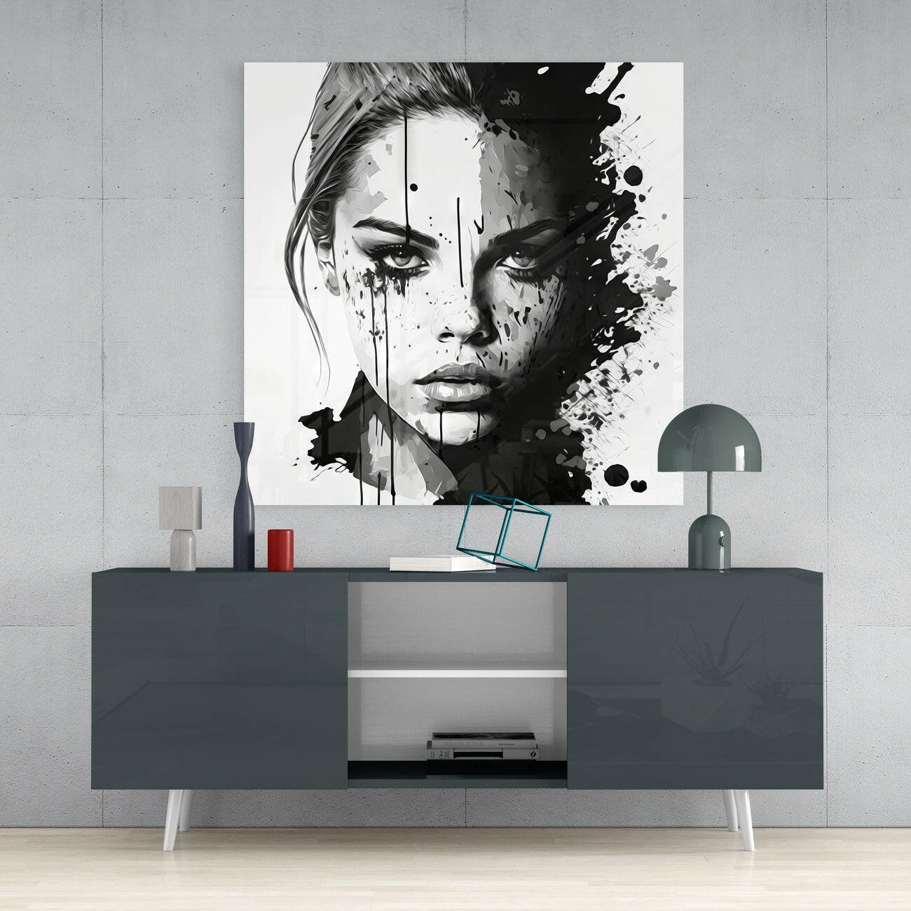 Black and White Ink Splash Woman Face Glass Wall Art
