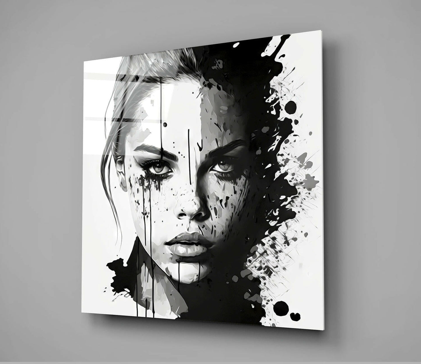 Black and White Ink Splash Woman Face Glass Wall Art