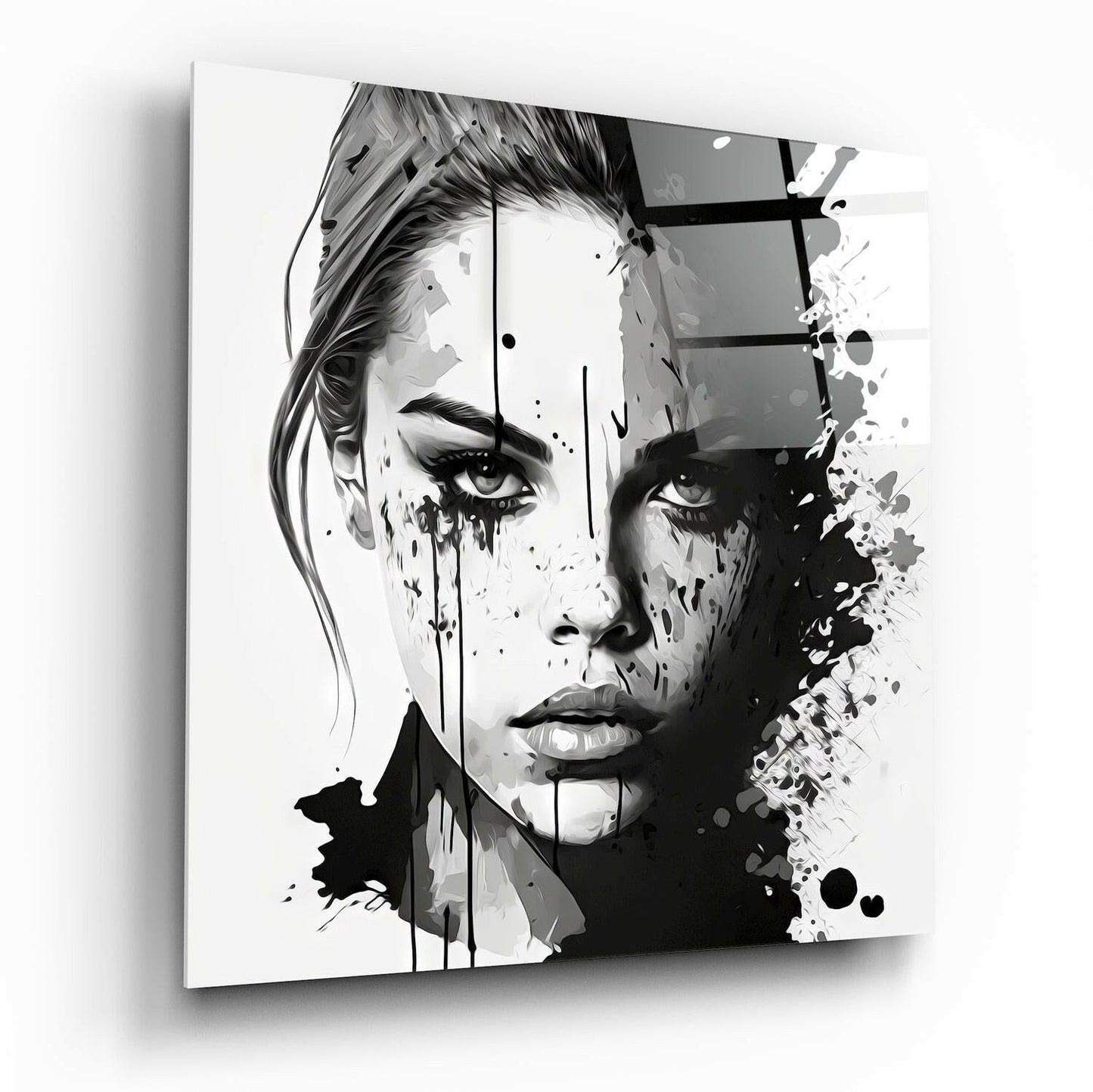Black and White Ink Splash Woman Face Glass Wall Art