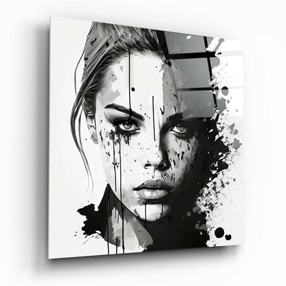 Black and White Ink Splash Woman Face Glass Wall Art