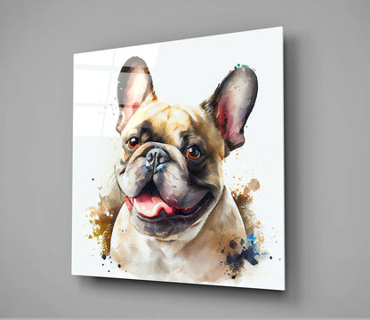 Smiling Cream Bulldog Watercolor Glass Wall Art