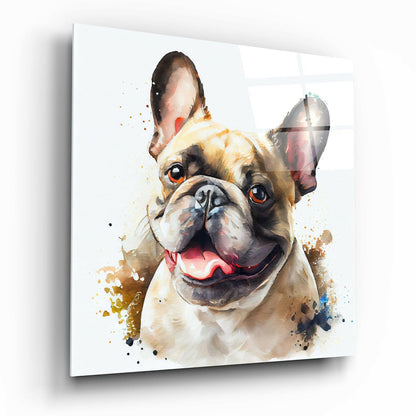 Smiling Cream Bulldog Watercolor Glass Wall Art