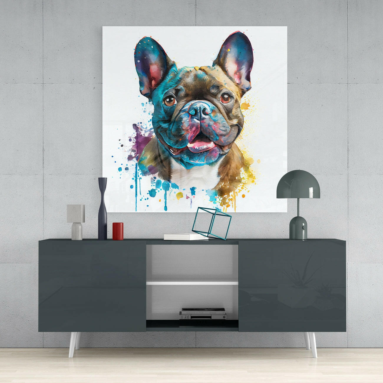 Splatter Watercolor Blue Bulldog Glass Wall Art