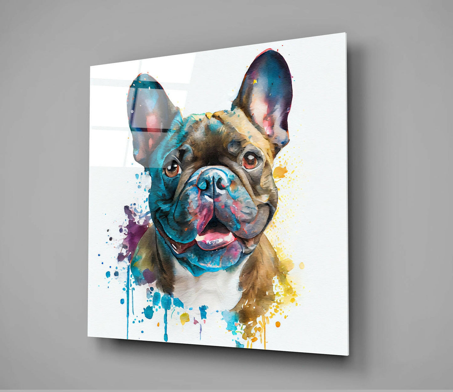 Splatter Watercolor Blue Bulldog Glass Wall Art