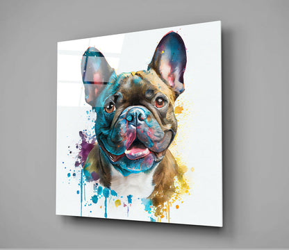 Splatter Watercolor Blue Bulldog Glass Wall Art