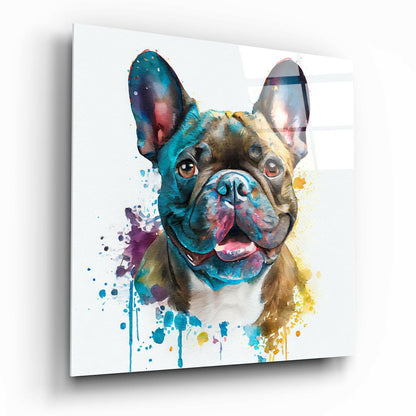 Splatter Watercolor Blue Bulldog Glass Wall Art