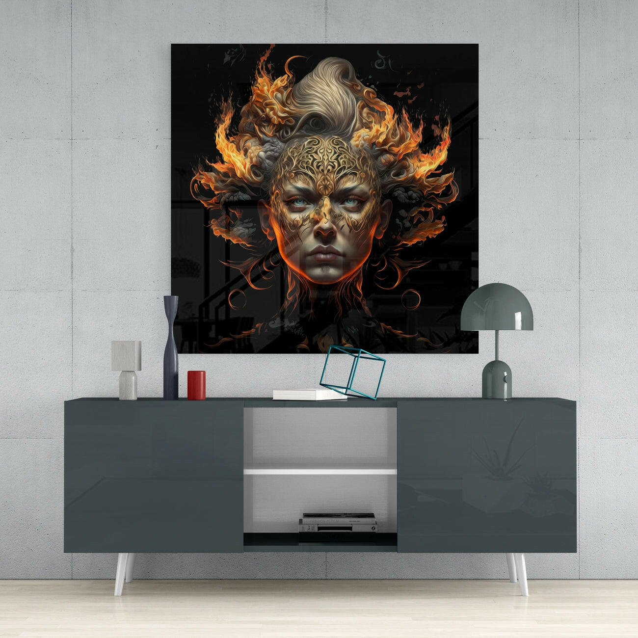 Blazing Ember Wings Gold Mask Face Glass Wall Art