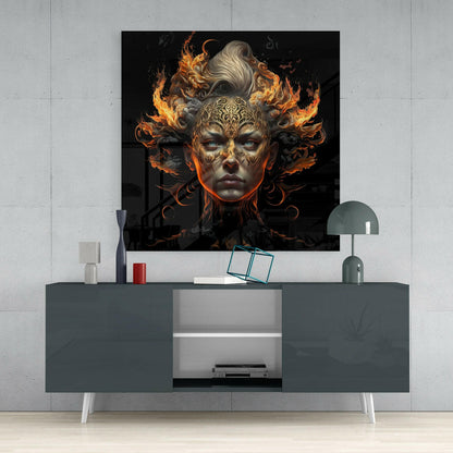 Blazing Ember Wings Gold Mask Face Glass Wall Art