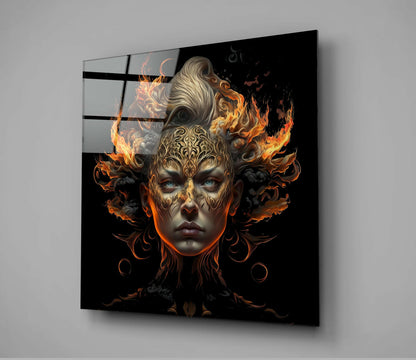Blazing Ember Wings Gold Mask Face Glass Wall Art