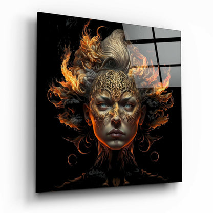 Blazing Ember Wings Gold Mask Face Glass Wall Art