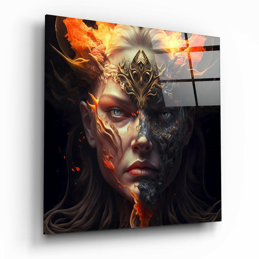 Angled perspective of glass wall art displaying a stylized face split between fiery orange flames and dark ash textures, wearing an ornamental gold crown.