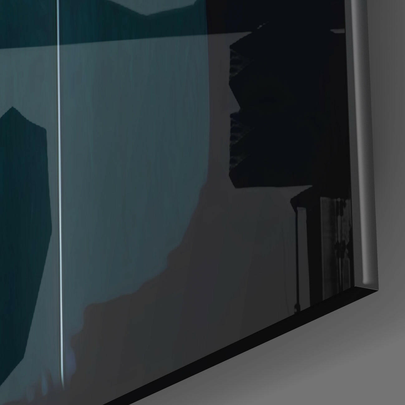 Close-up side view of teal and black glass wall art panel showing silhouetted butterfly design against translucent colored glass.