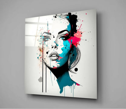 Turquoise Ink Drip Woman Face Glass Wall Art