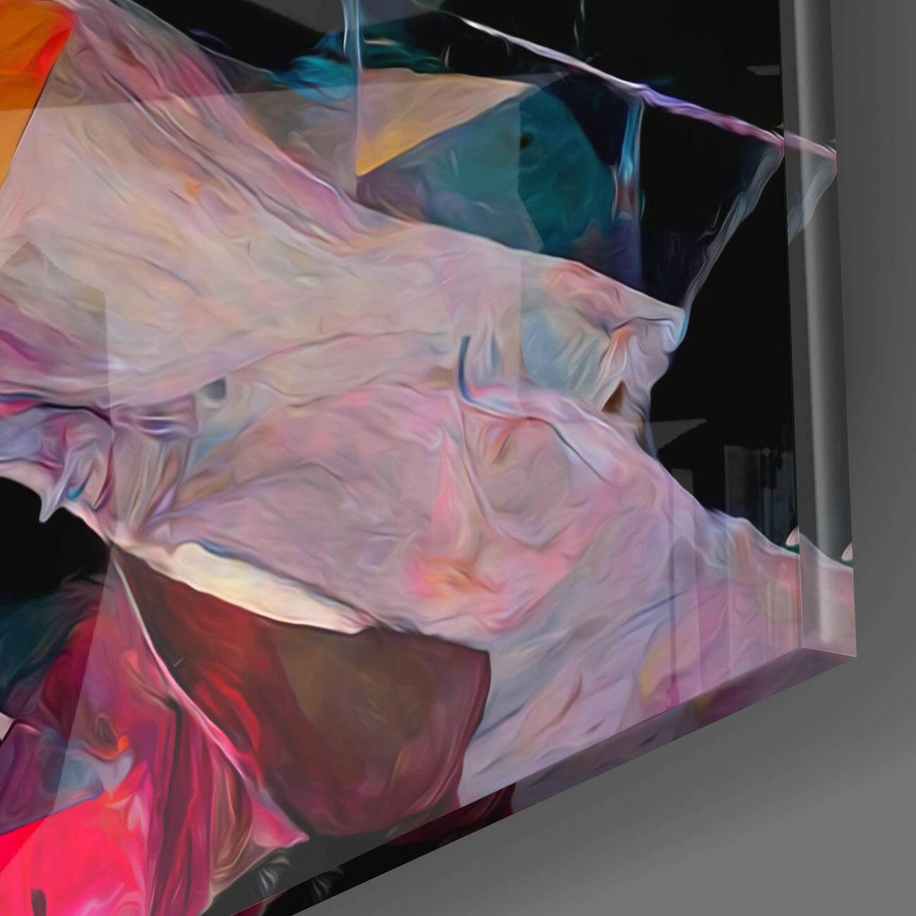 Angled close-up view of translucent glass wall art featuring swirling pink, purple, and teal colors with a graceful silhouette design.