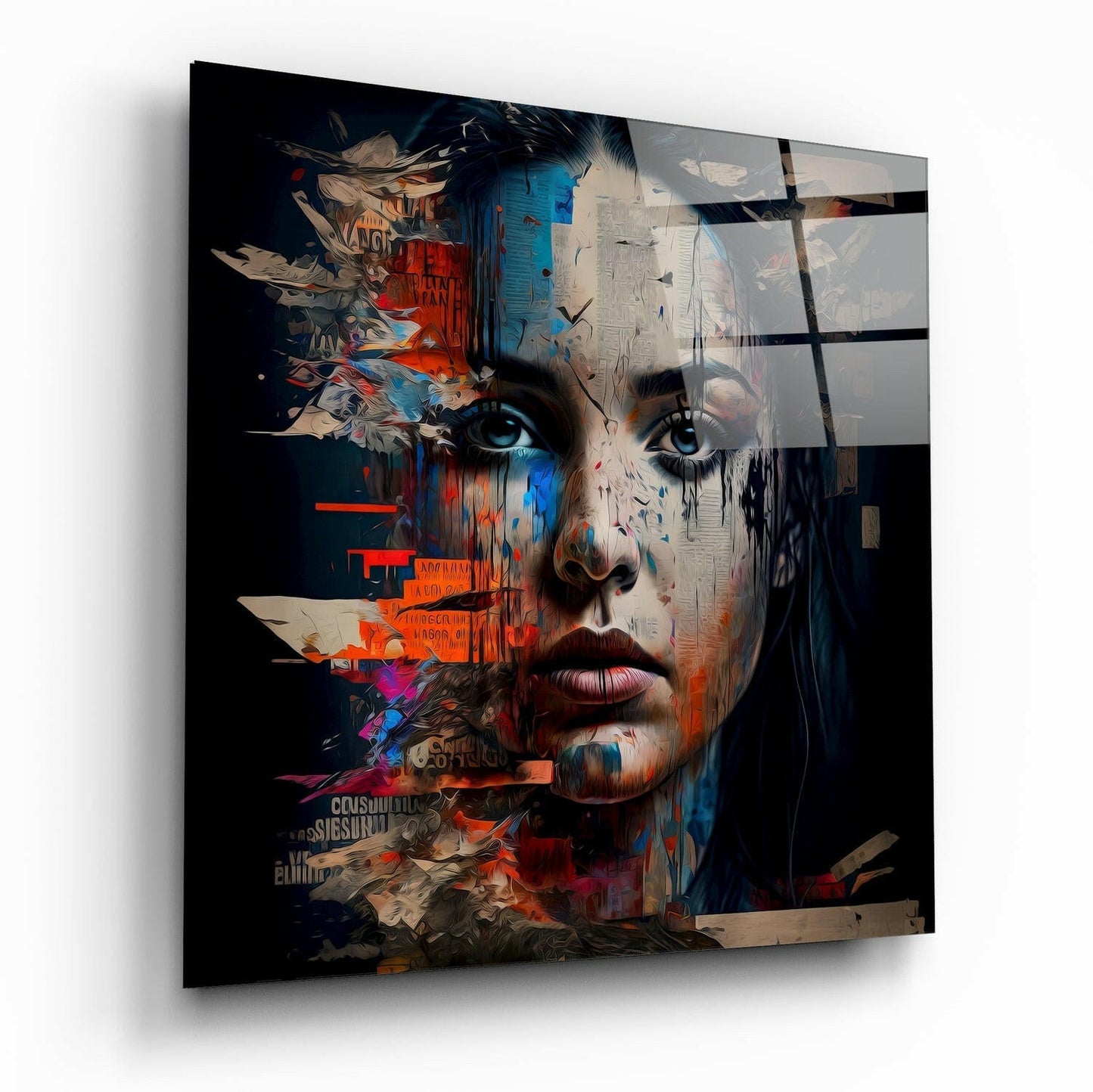 Newsprint Collage Woman Face Glass Wall Art