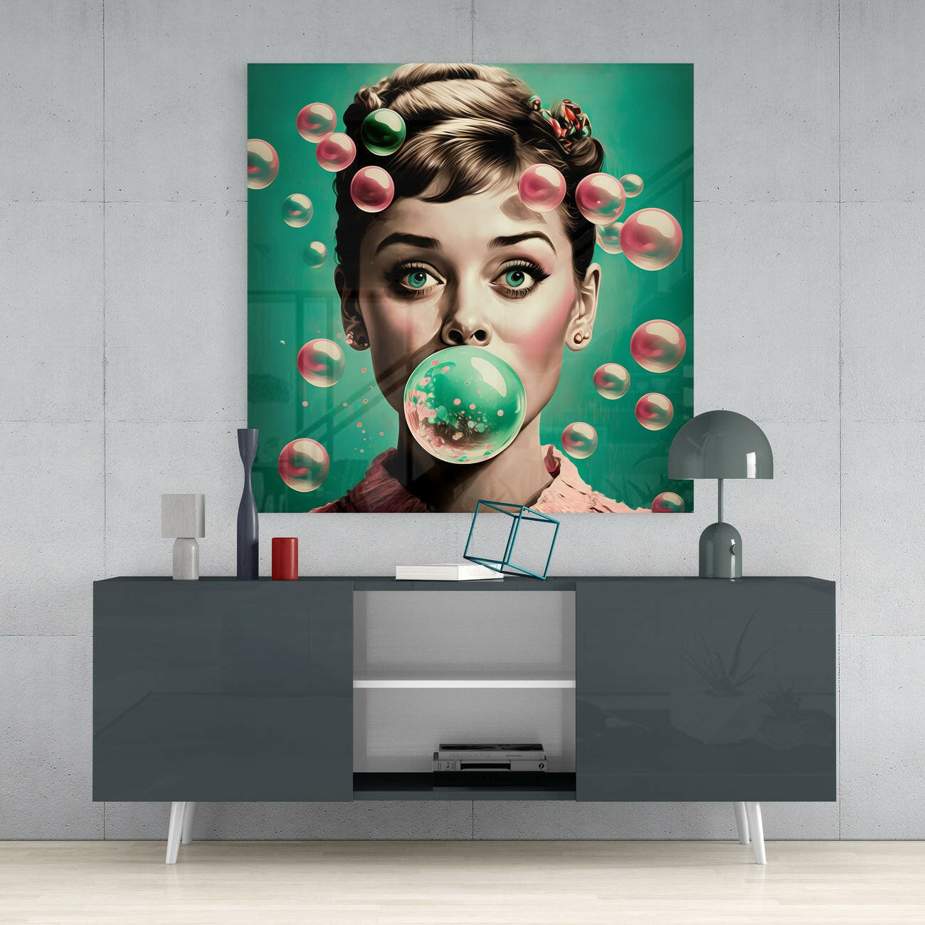 Green Bubble Gum Balloons Woman Glass Wall Art