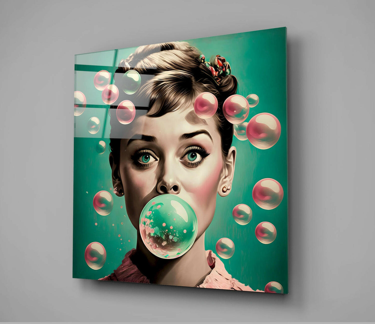 Green Bubble Gum Balloons Woman Glass Wall Art