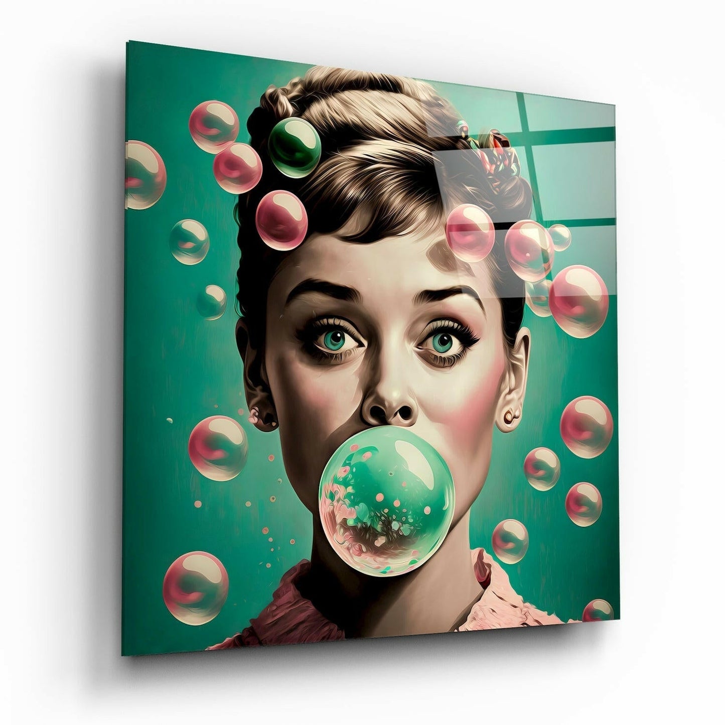 Green Bubble Gum Balloons Woman Glass Wall Art