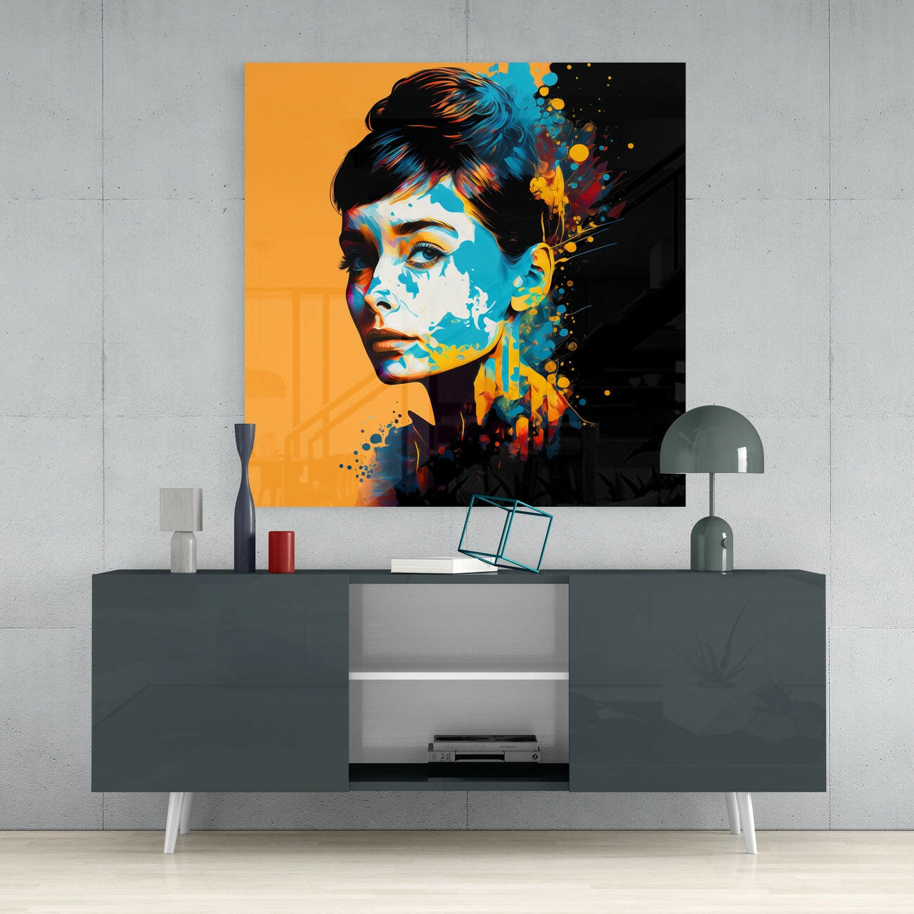 Orange Backdrop Blue Splash Woman Portrait Glass Wall Art