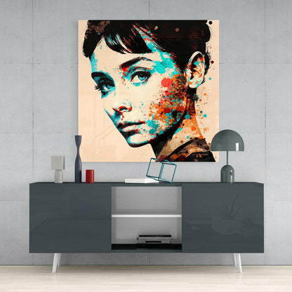 Teal and Orange Splatter Woman Portrait Glass Wall Art