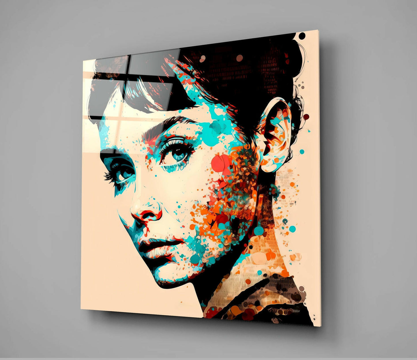 Teal and Orange Splatter Woman Portrait Glass Wall Art