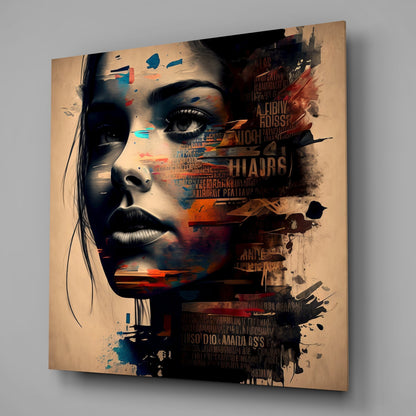 Sepia Typography Collage Woman Face Glass Wall Art