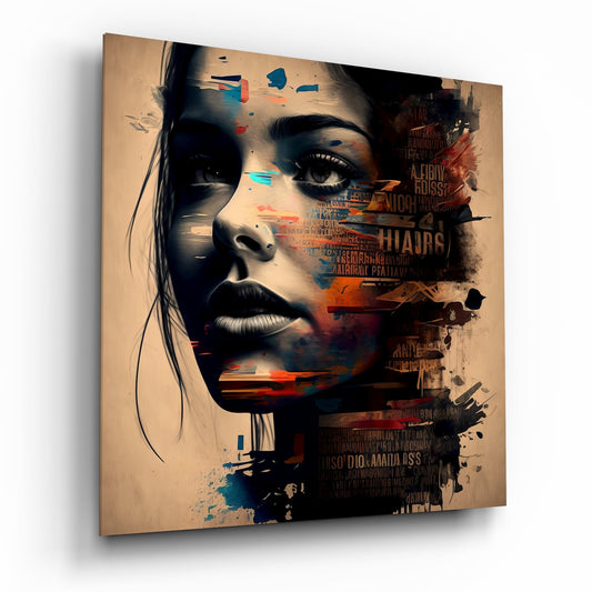 Angled view of glass wall art featuring a woman's face in sepia tones with overlaid orange and blue typography, displaying shadow effect on beige background.