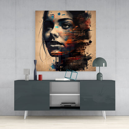 Sepia Typography Collage Woman Face Glass Wall Art