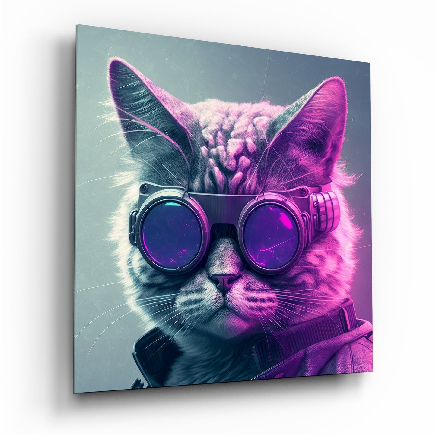 Square canvas wall art featuring a cat wearing futuristic purple-tinted goggles against a neon cyan-to-magenta gradient background.