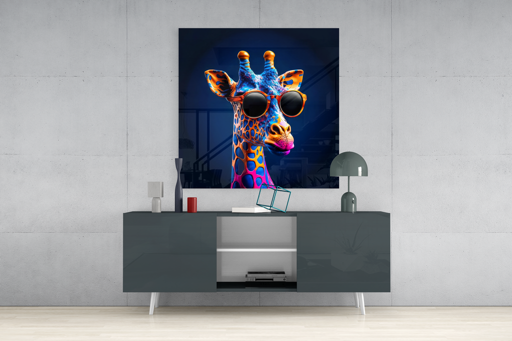 Vibrant neon giraffe wearing oversized sunglasses displayed above gray modern dresser in minimalist room setting.