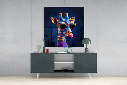 Vibrant neon giraffe wearing oversized sunglasses displayed above gray modern dresser in minimalist room setting.