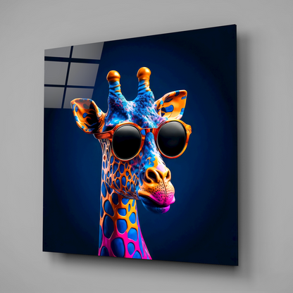 Colorful neon giraffe wearing oversized sunglasses displayed as mounted glass wall art against deep blue background.