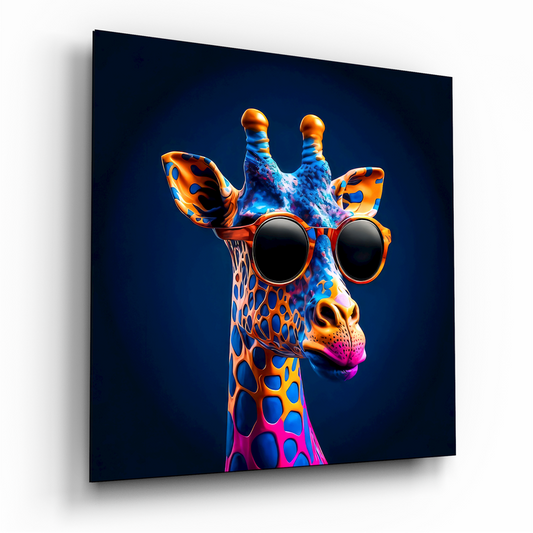 Colorful pop art giraffe wearing oversized round sunglasses against dark blue background on glass wall art panel.