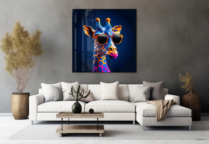 Colorful pop art giraffe wearing oversized sunglasses displayed above white sofa in modern living room setting.