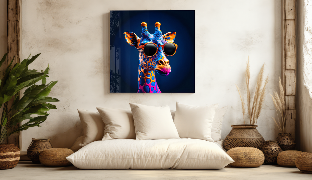Colorful pop art giraffe wearing oversized sunglasses displayed above a white cushioned seating arrangement in a minimalist interior.