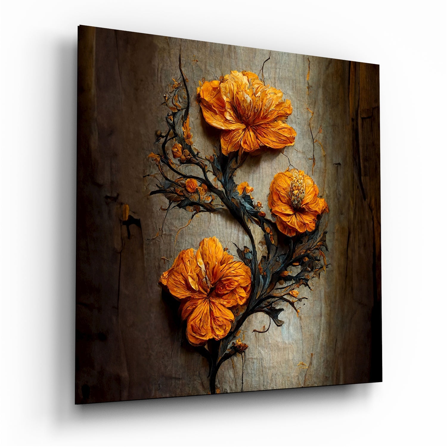 Three vibrant orange flowers on a dark twisted branch against a weathered gray wooden background, displayed as glass wall art.