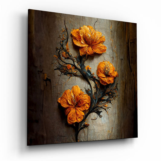 Three vibrant orange flowers on a dark twisted branch against a weathered gray wooden background, displayed as glass wall art.