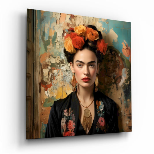Woman with black hair and red lips wearing black embroidered jacket and orange flower crown against distressed teal and cream textured wall background.