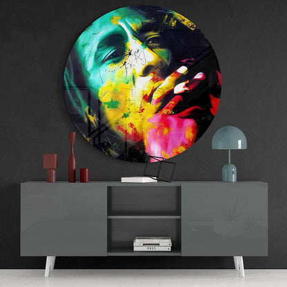 Round Neon Splash Reggae Portrait Glass Wall Art
