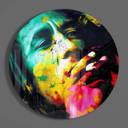 Round Neon Splash Reggae Portrait Glass Wall Art