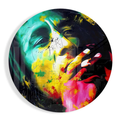 Round Neon Splash Reggae Portrait Glass Wall Art