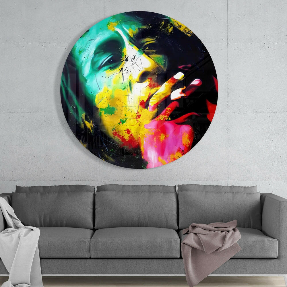 Round Neon Splash Reggae Portrait Glass Wall Art