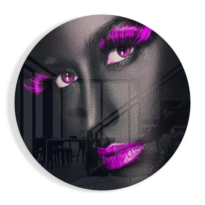 Purple Lashes and Lips Gray Face Glass Wall Art