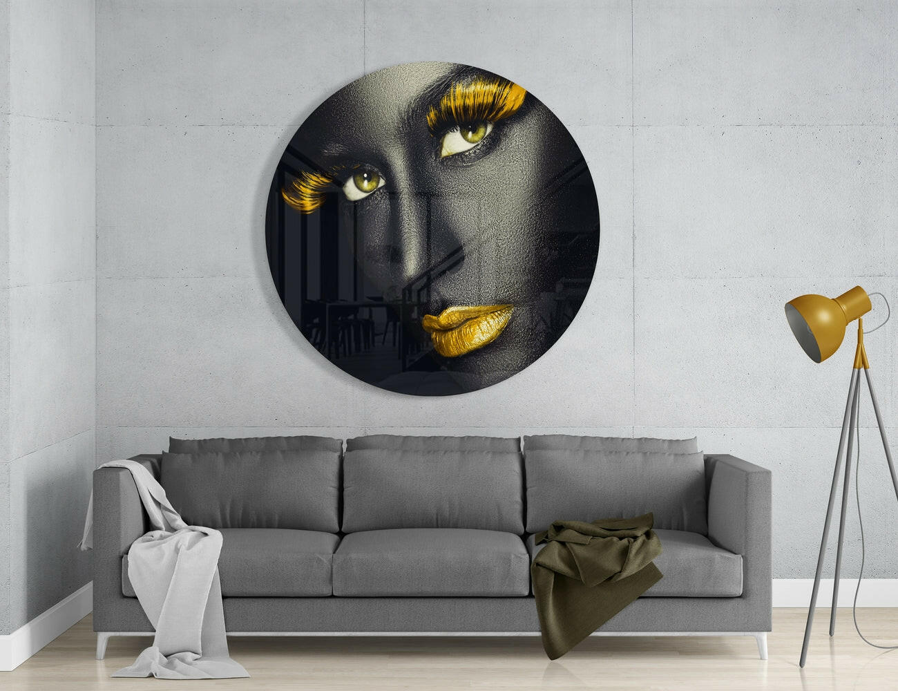 Golden Lashes and Lips Gray Face Glass Wall Art