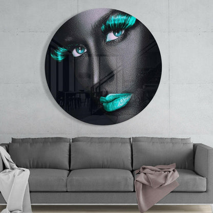 Turquoise Lashes and Lips Gray Face Glass Wall Art