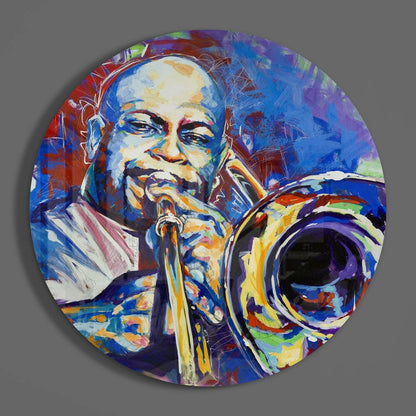 Painted Trombone Player on Blue Round Glass Wall Art
