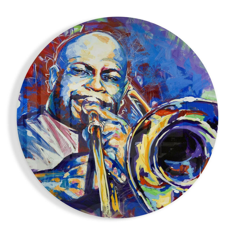 Painted Trombone Player on Blue Round Glass Wall Art
