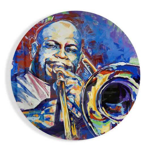 Vibrant circular glass wall art depicting a jazz musician playing trombone with bold blue, red, and yellow expressionist brushstrokes.