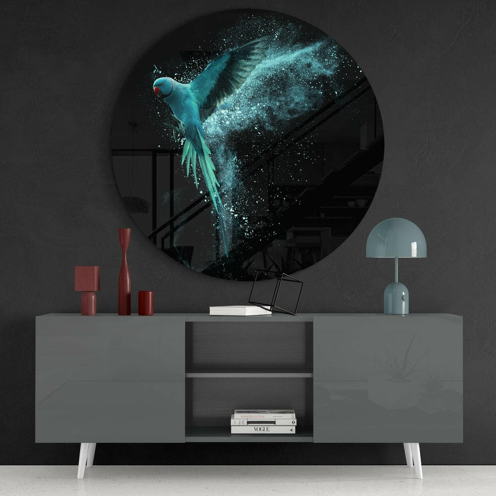 Turquoise Parrot Splash Flight Glass Wall Art